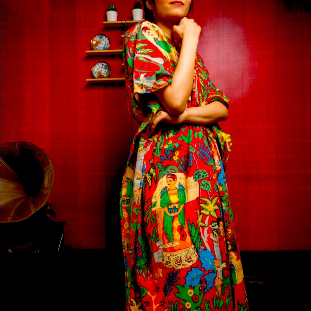 BRAND NEW Yellow Frida Kahlo Cotton Caftan Nightwear Dressing Gown Kaftan - Picture 3 of 3